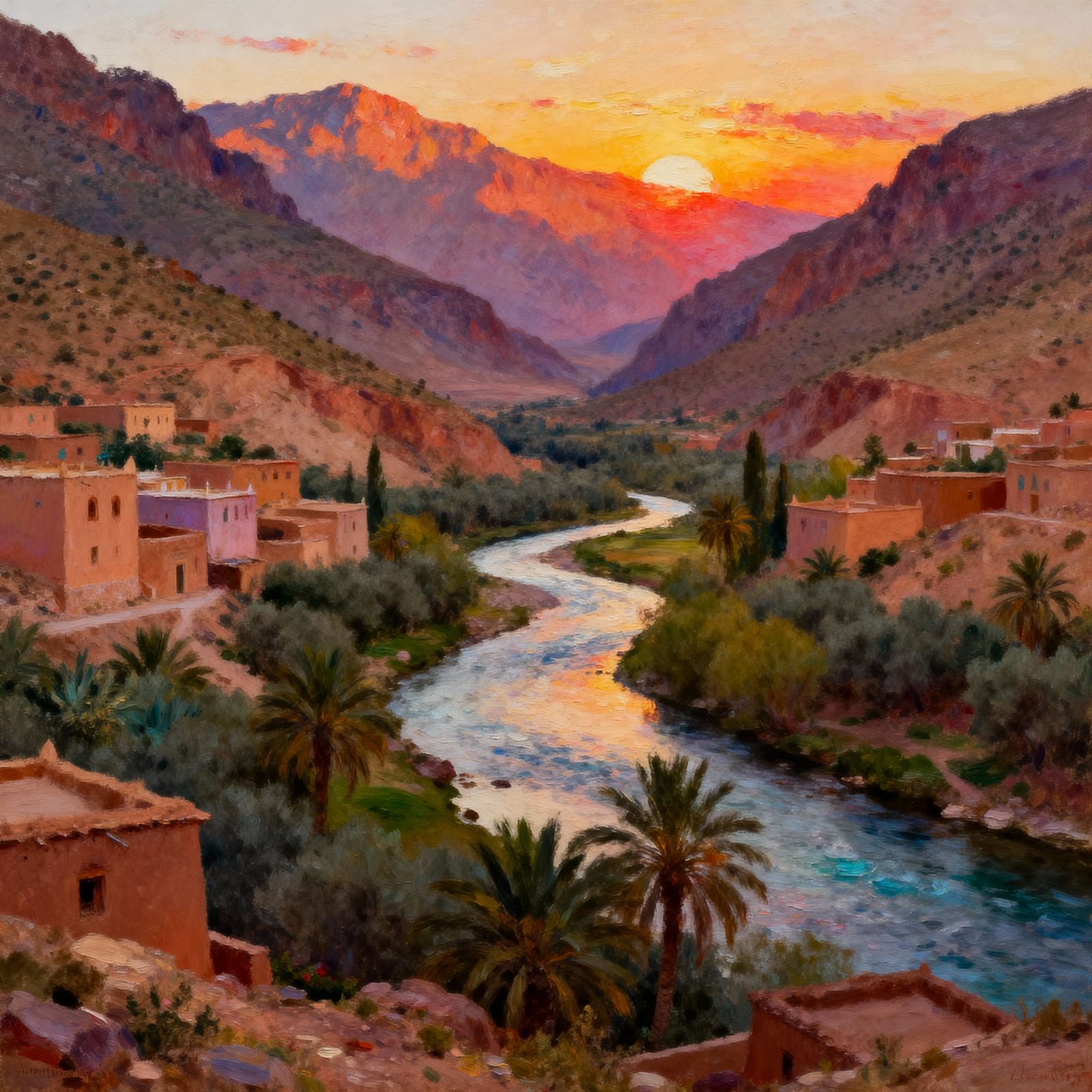 Berber Morocco Atlas Mountains at Sunset, Impressionist Land...