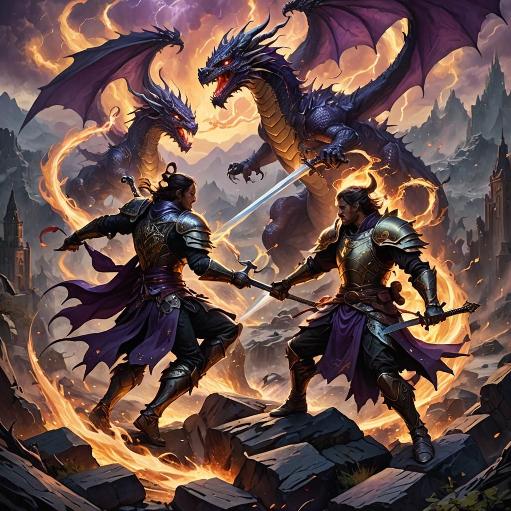 Epic Dragon Battle with Warriors in Dark Fantasy Style