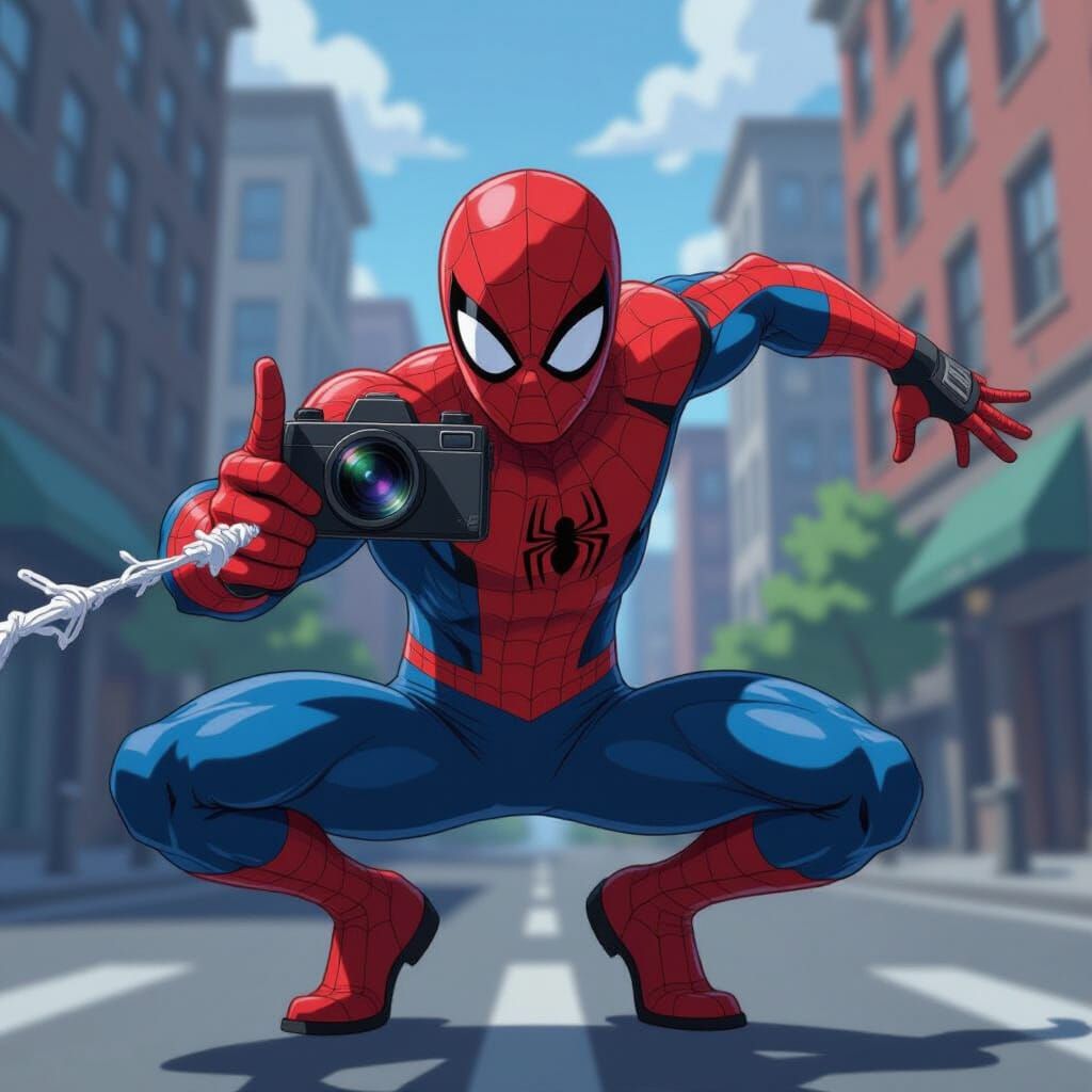 Spiderman Takes Photo in Dynamic Anime Style