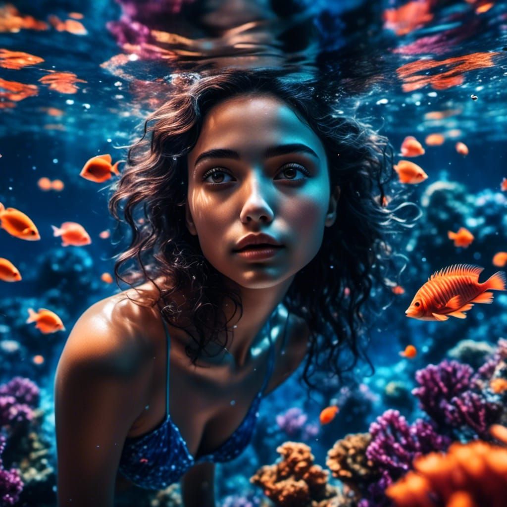 Woman Freediving in a Nighttime Coral Reef