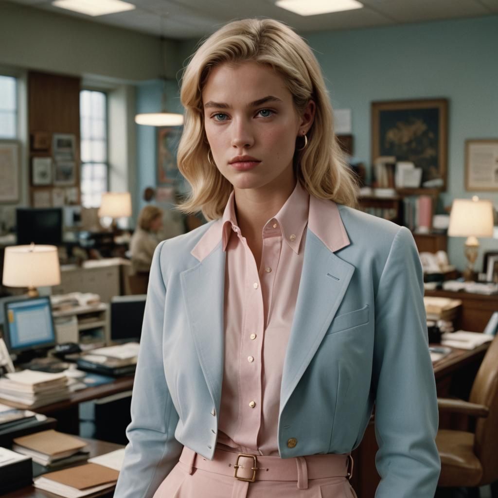 90s Fashion Model in Office: Film Grain Aesthetic