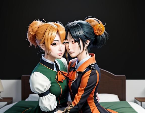 Kemono Twin Sisters Kissing in Manga Style