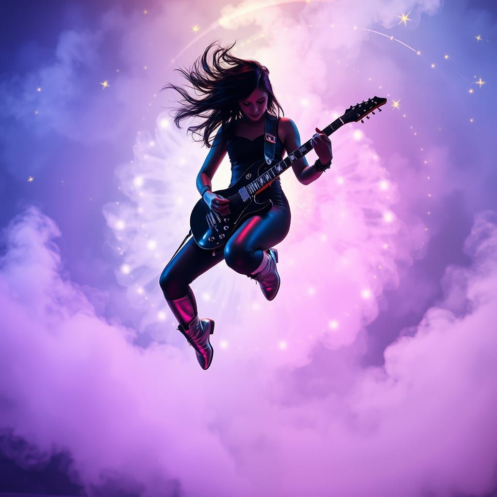 Cyberpunk Guitarist Jumps Amidst Spectral Apparition