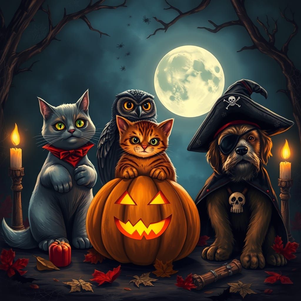 Halloween Creatures Celebrate Under Moonlight