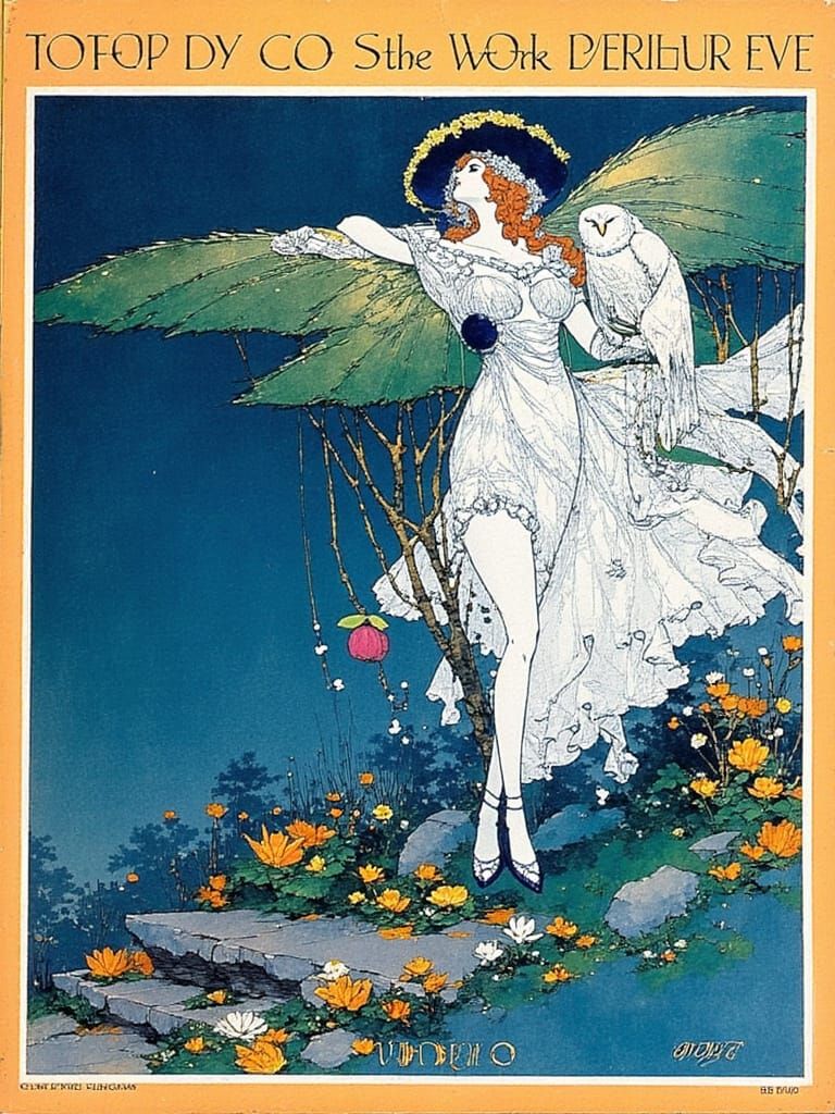 Elegant Woman in Art Nouveau Attire, Surrounded by Whimsy an...