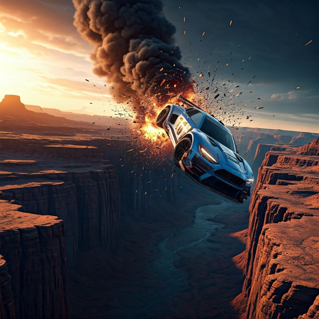 Race Car Exploding Over Canyon in Cinematic Scene