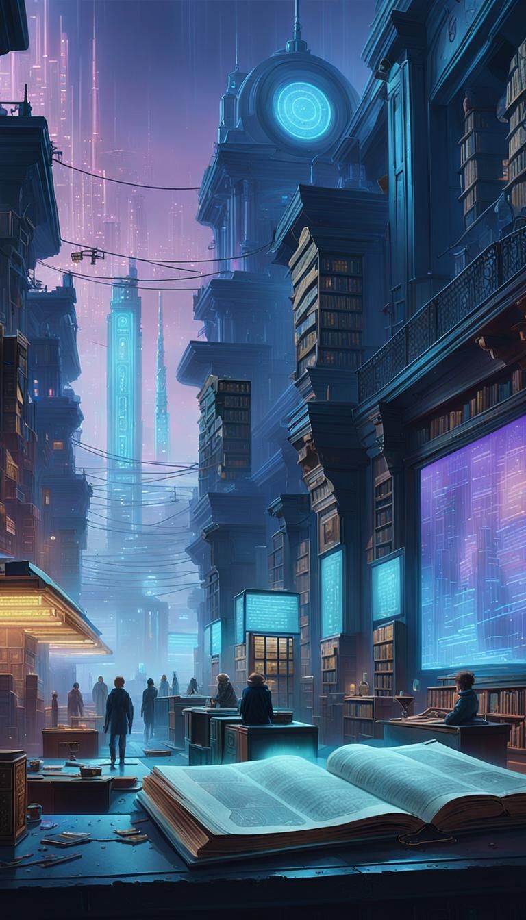 Cyberpunk Alexandria Library Ruins in Digital Art Style