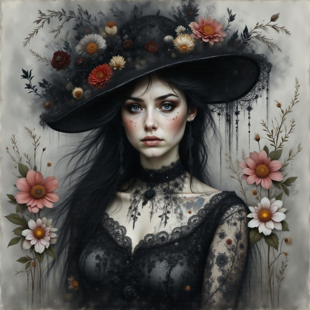 Gothic Watercolor Portrait of Victorian Woman with Veil