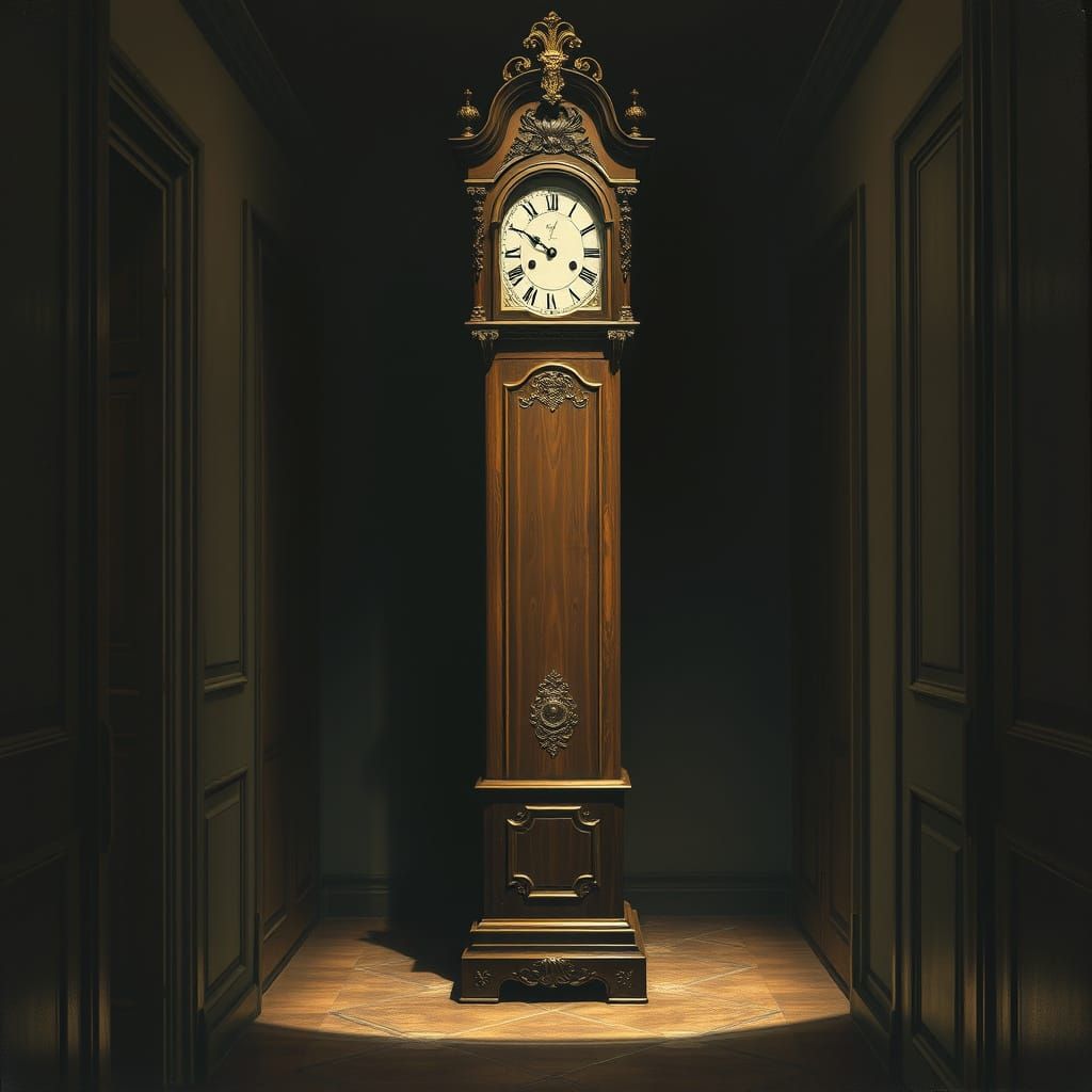 Surrealist Grandfather Clock in Ornate Hallway