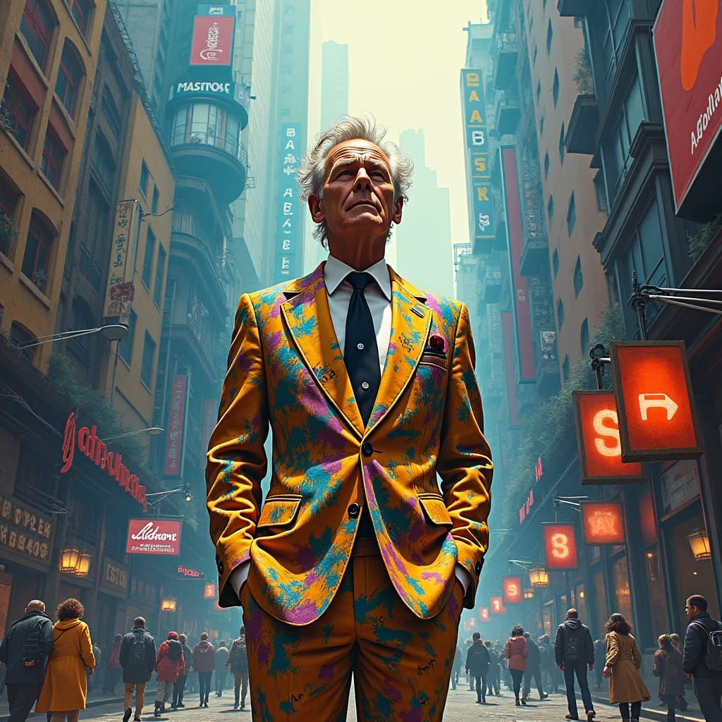 Bill Murray in Neo-Expressionist Cityscape, Digital Art