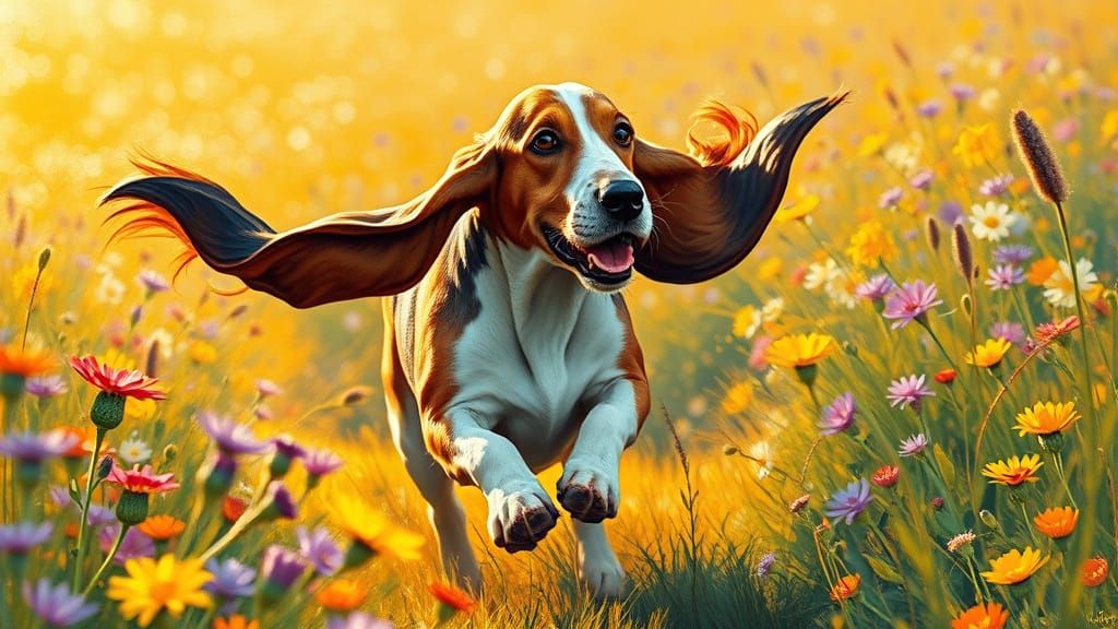 Playful Basset Hound Races Through Wildflower Field