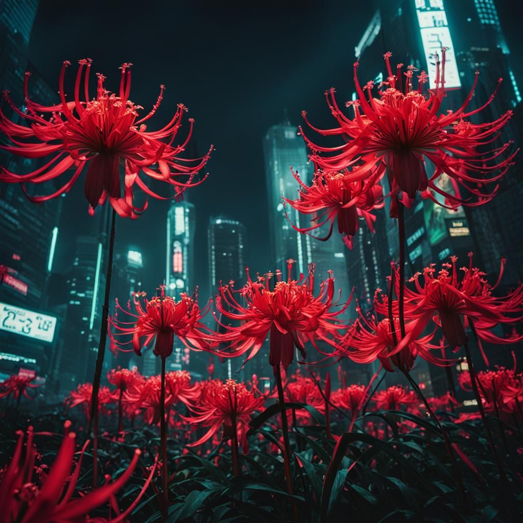 red spider lily, cyberpunk city