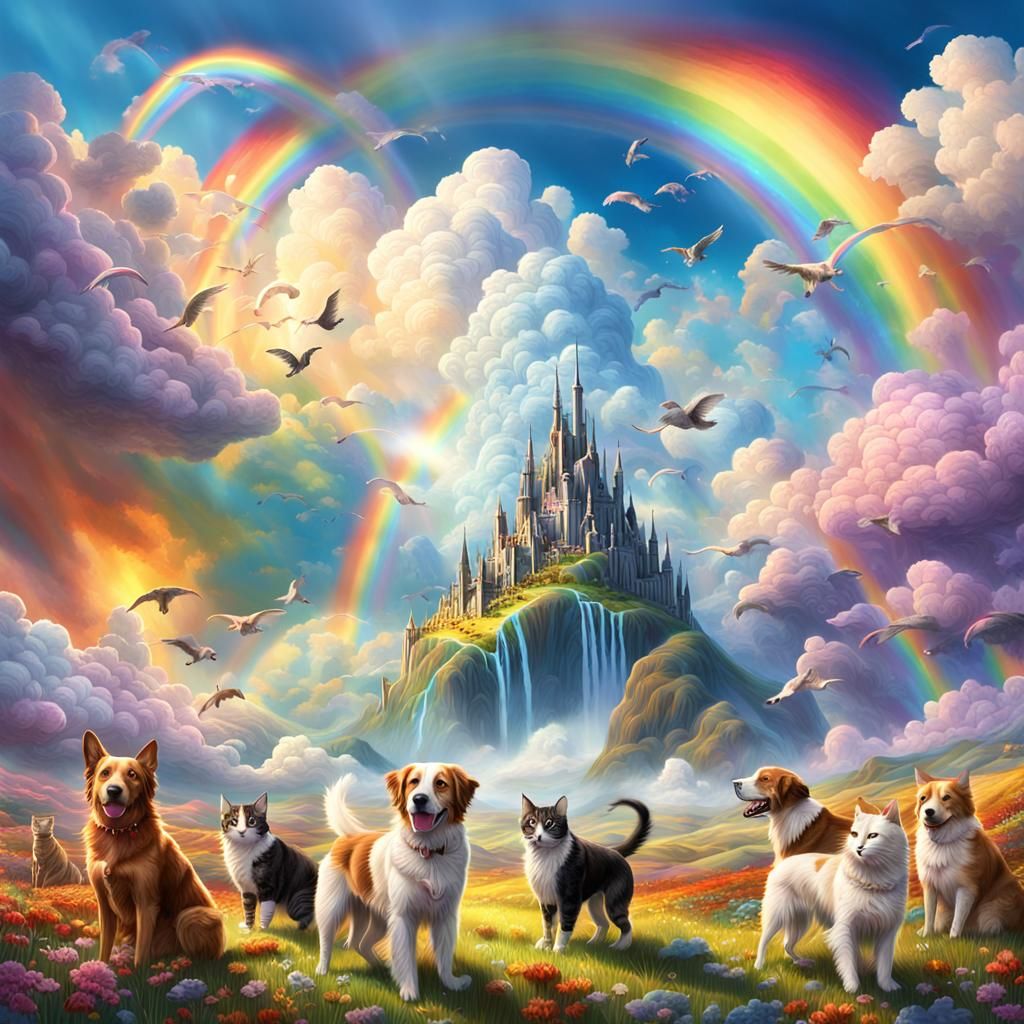Heavenly Gathering: Dogs, Cats, and Rainbows in Digital Art