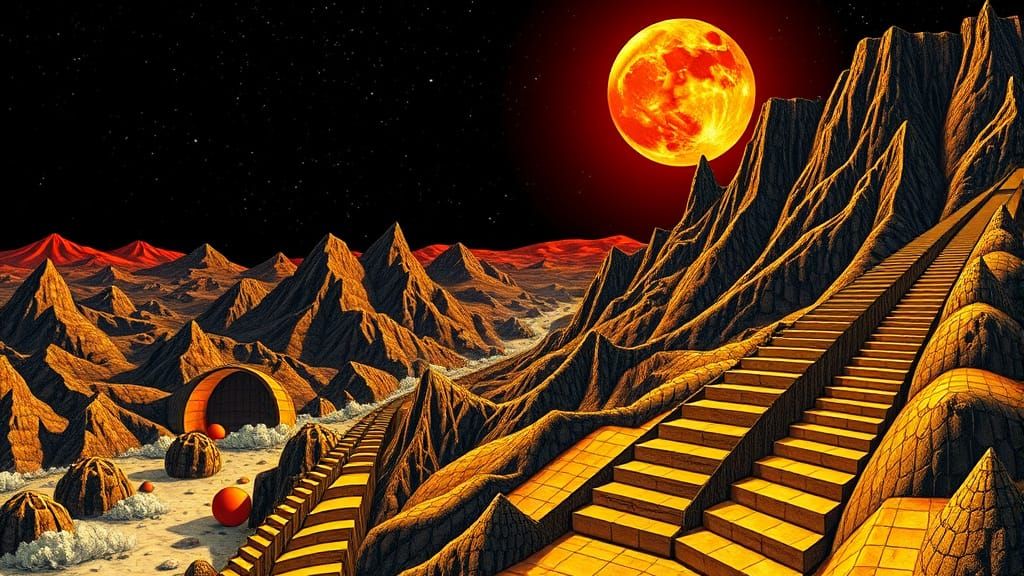 Impossible Cityscape under Moon in Escher Style