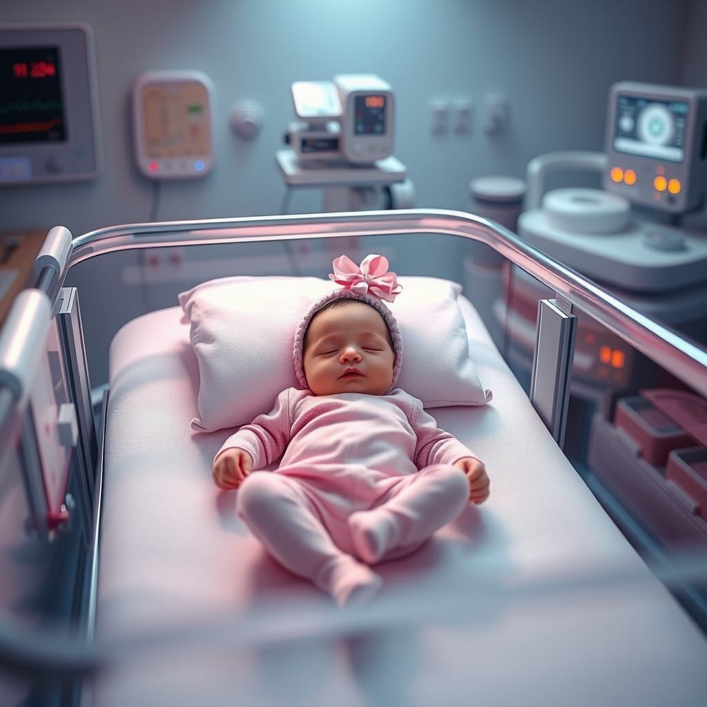 A baby girl infant wearing an all pink onesie lays in her ho...