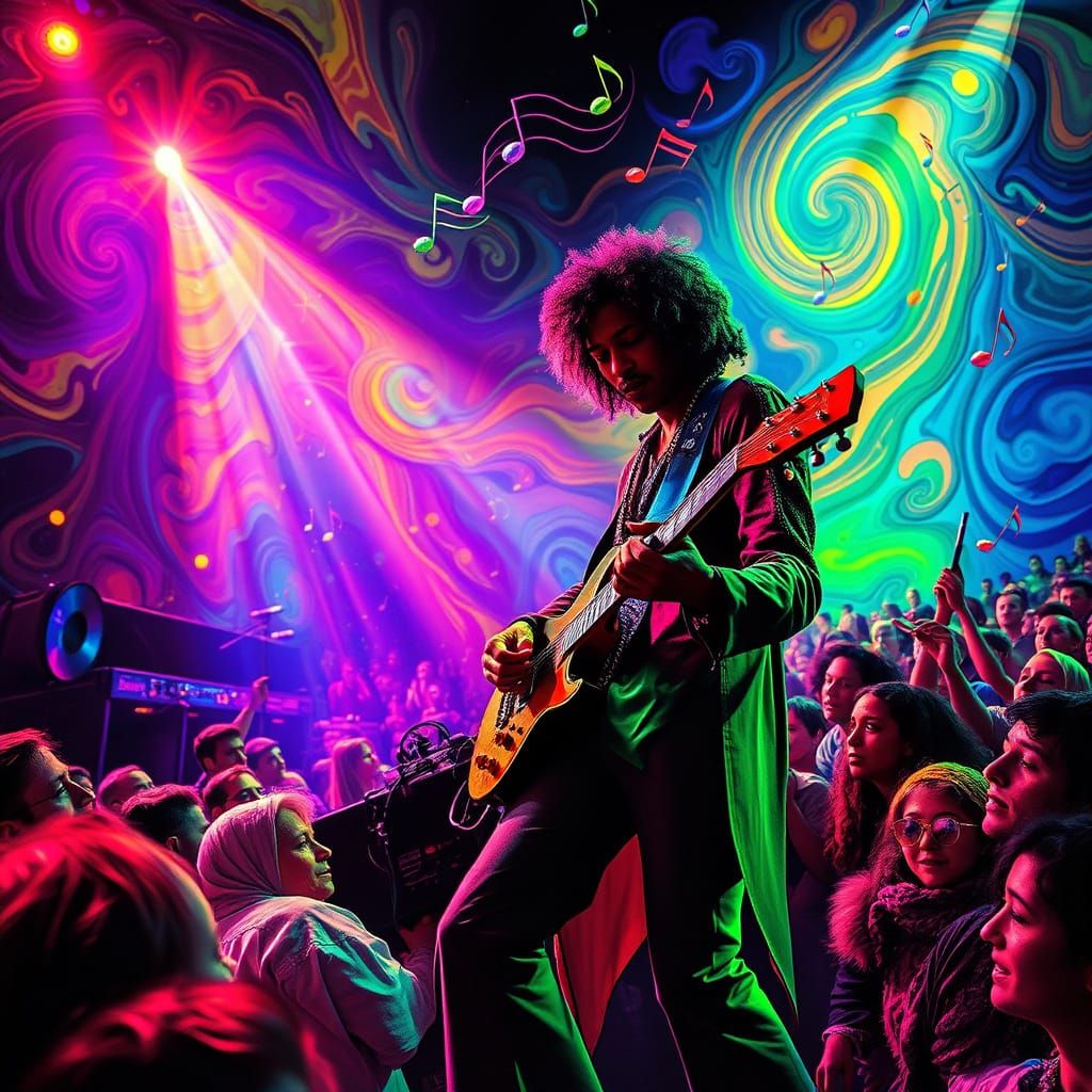 Psychedelic Woodstock Festival Scene with Jimi Hendrix