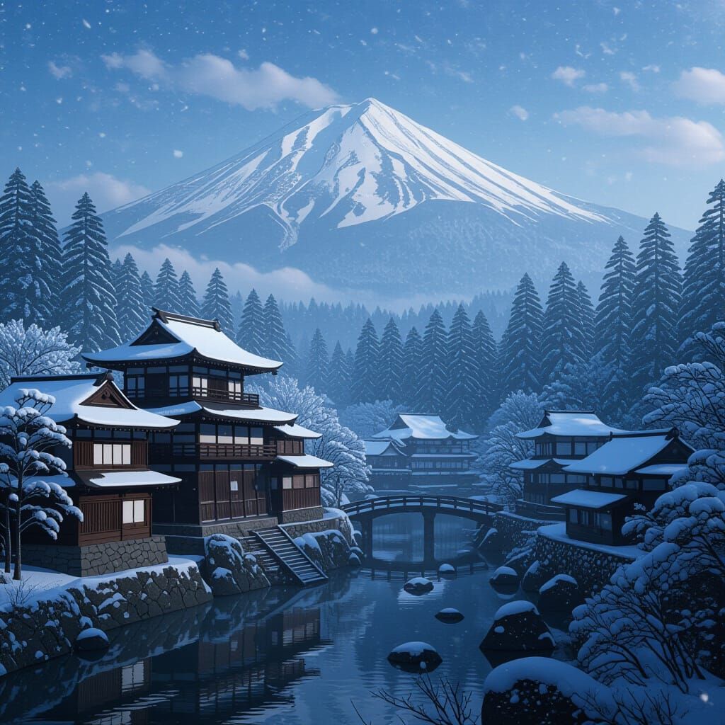 Mystical Japanese Village by Snowy Mountains