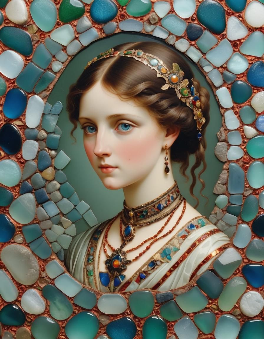 Sea Glass Portrait with Pietra Dura Engravings