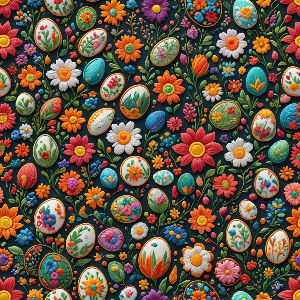Vibrant 3D Embroidered Flower and Eggs Pattern