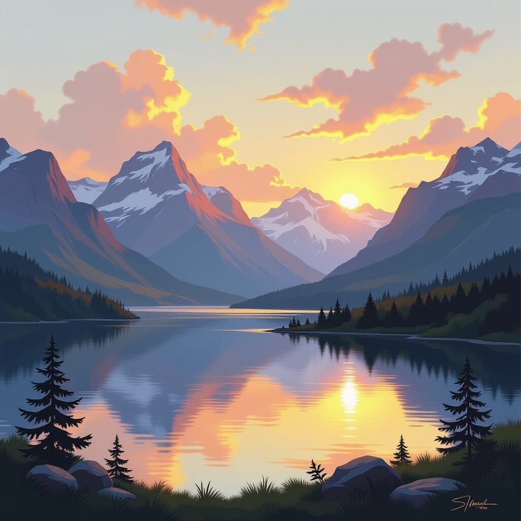Vibrant Mountain Lake in Impressionistic Airbrush Style