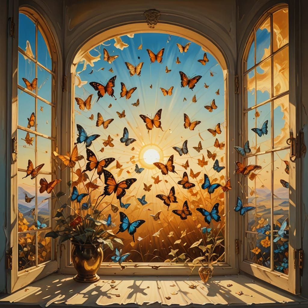 Surreal Summer Window Scene in Vibrant Oil Painting Style