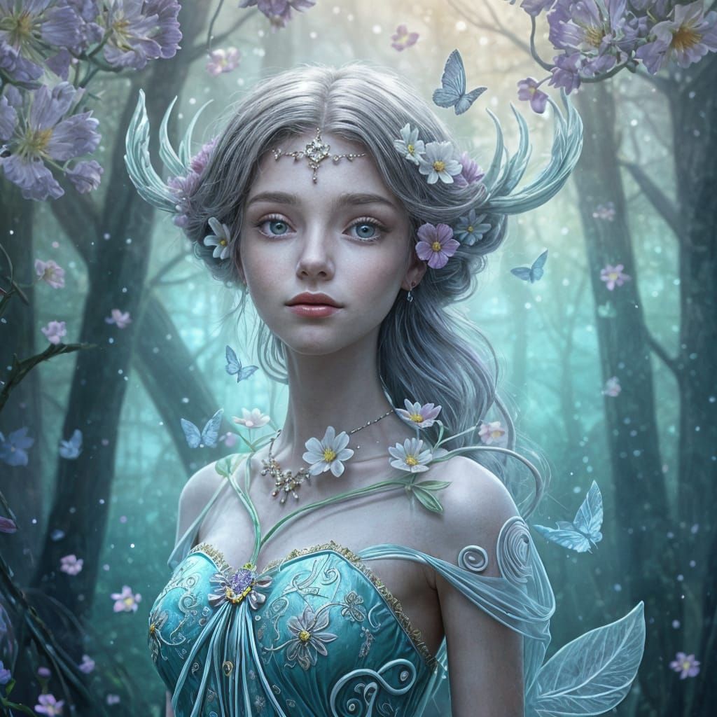 Glass Dryad in Mystical Forest, Hand-Painted Illustration