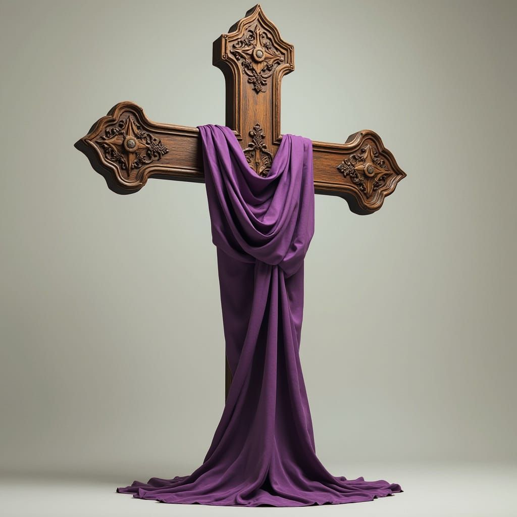 A Solemn, Ornate Wooden Cross with a Dignified Purple Cloth