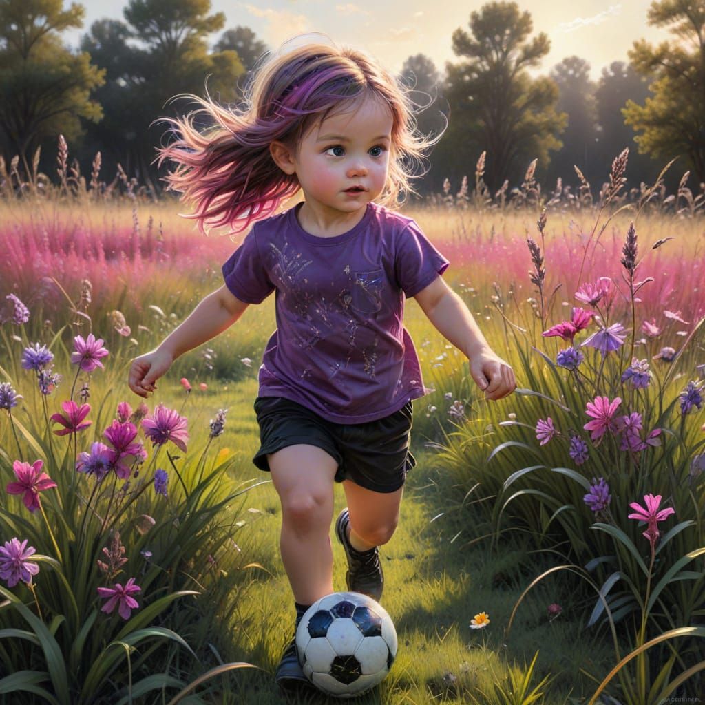 Girl Kicking Soccer Ball in Chibi Alcohol Ink Style