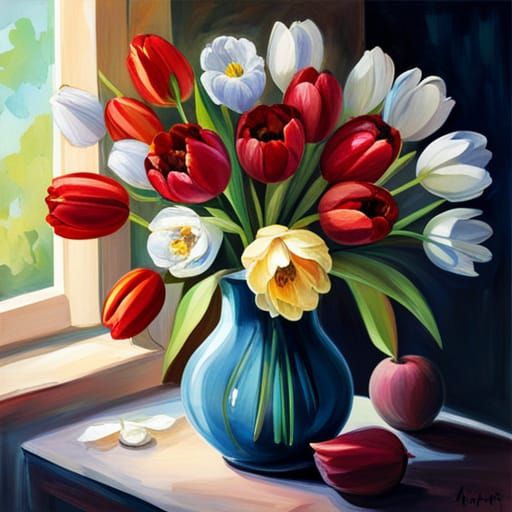 Red and White Tulips in Matte Painting Style