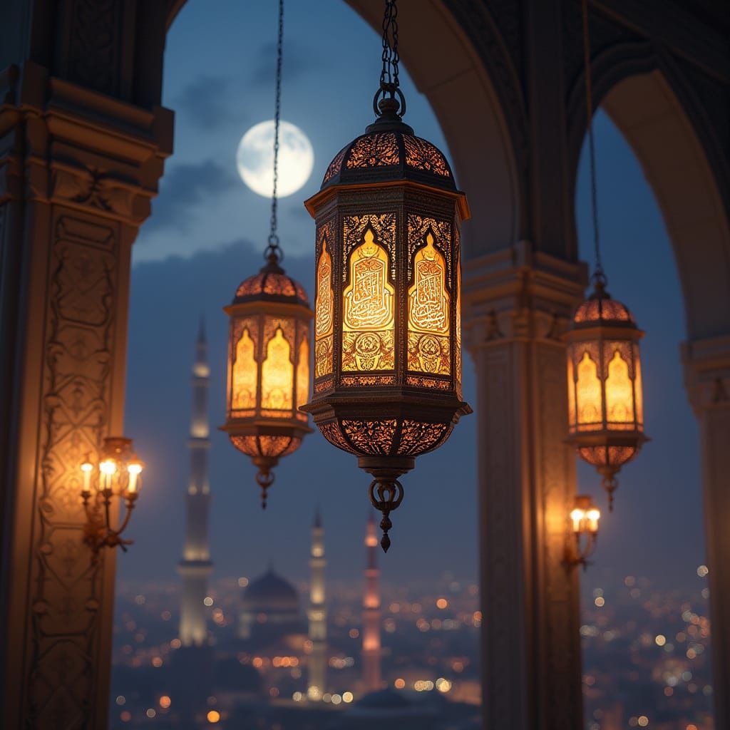 Islamic Lanterns Adorned with Calligraphy and Geometric Patt...