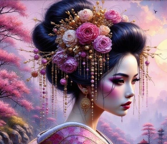 Purple Geisha in Zen Garden as Impasto Painting