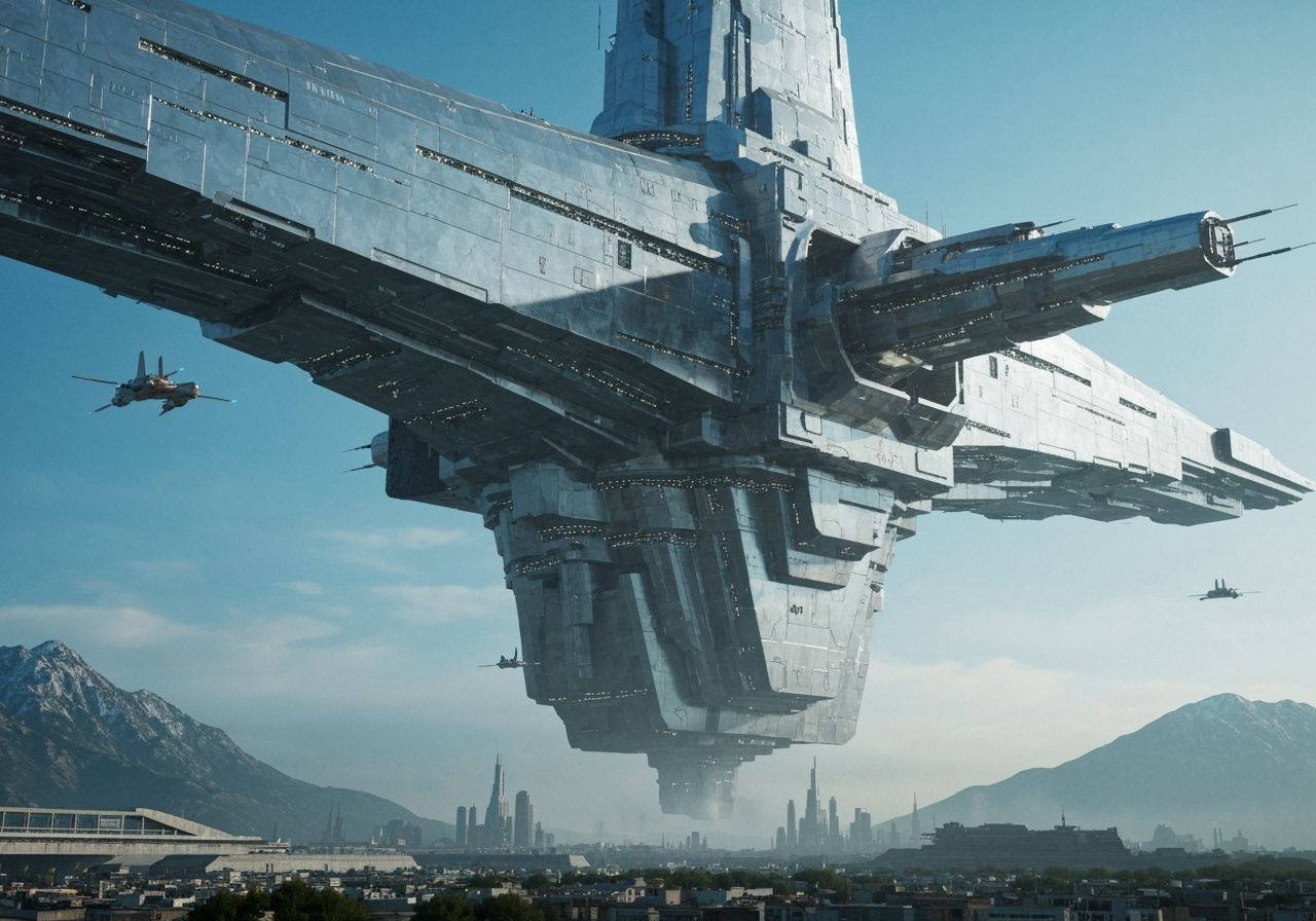 Gigantic Metallic Spaceship Over Futuristic City
