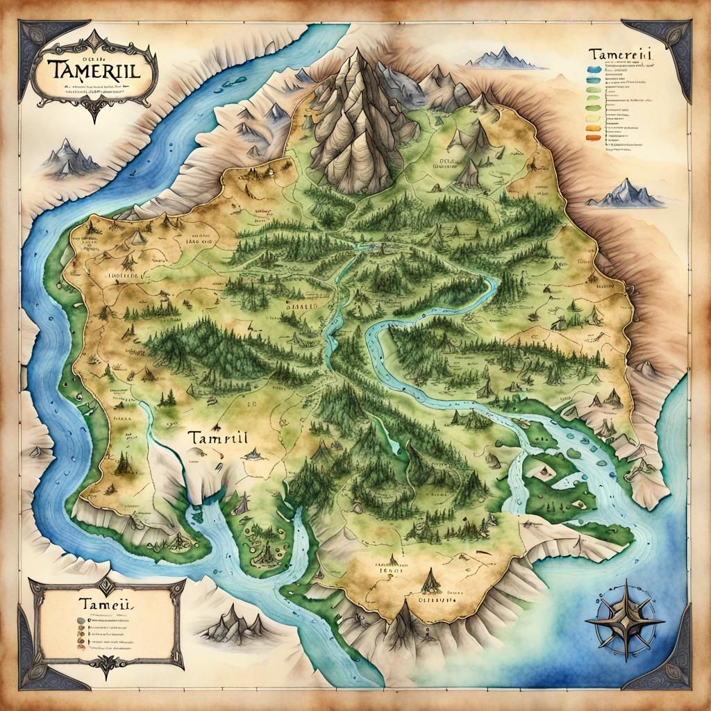 Detailed Map of Tamriel with Watercolor and Ink