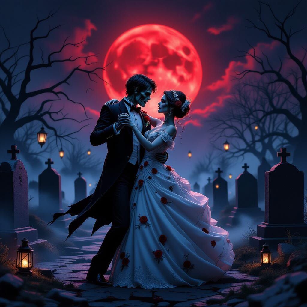 Zombie Couple Dancing Under Blood Moon in Misty Graveyard