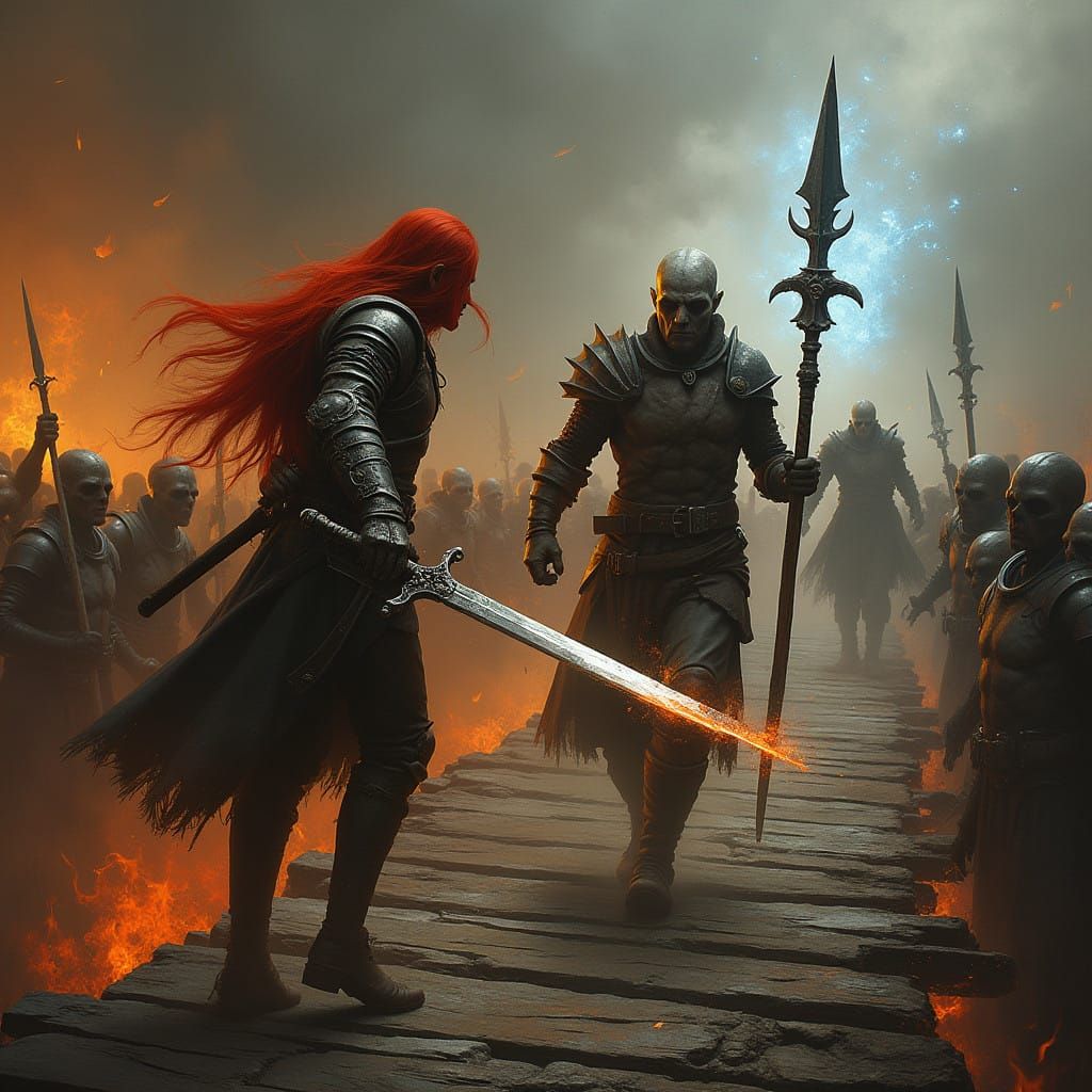 Warriors Clash on Burning Bridge in Dark Fantasy Style