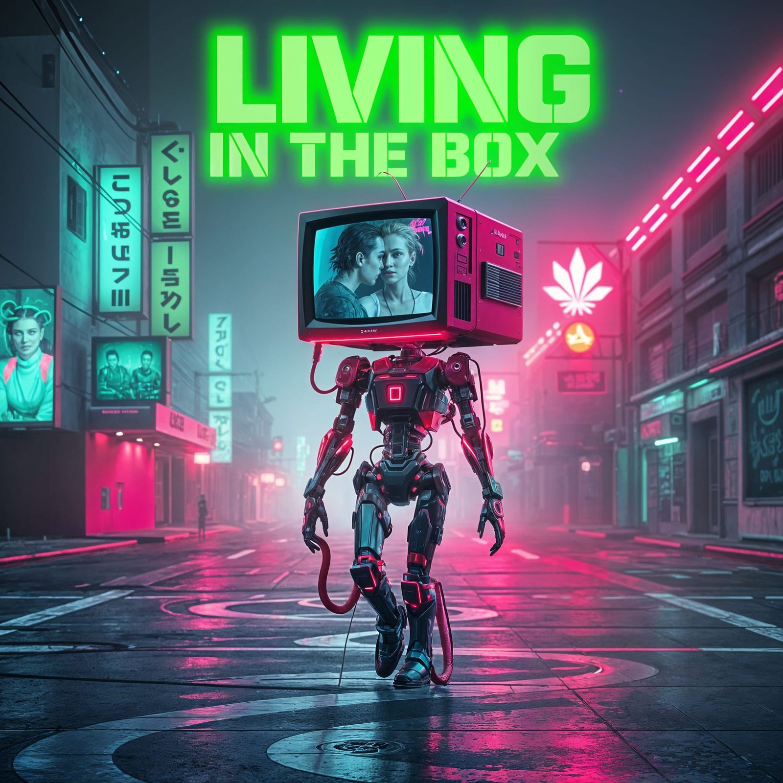 Android with TV Head in Cyberpunk Cityscape
