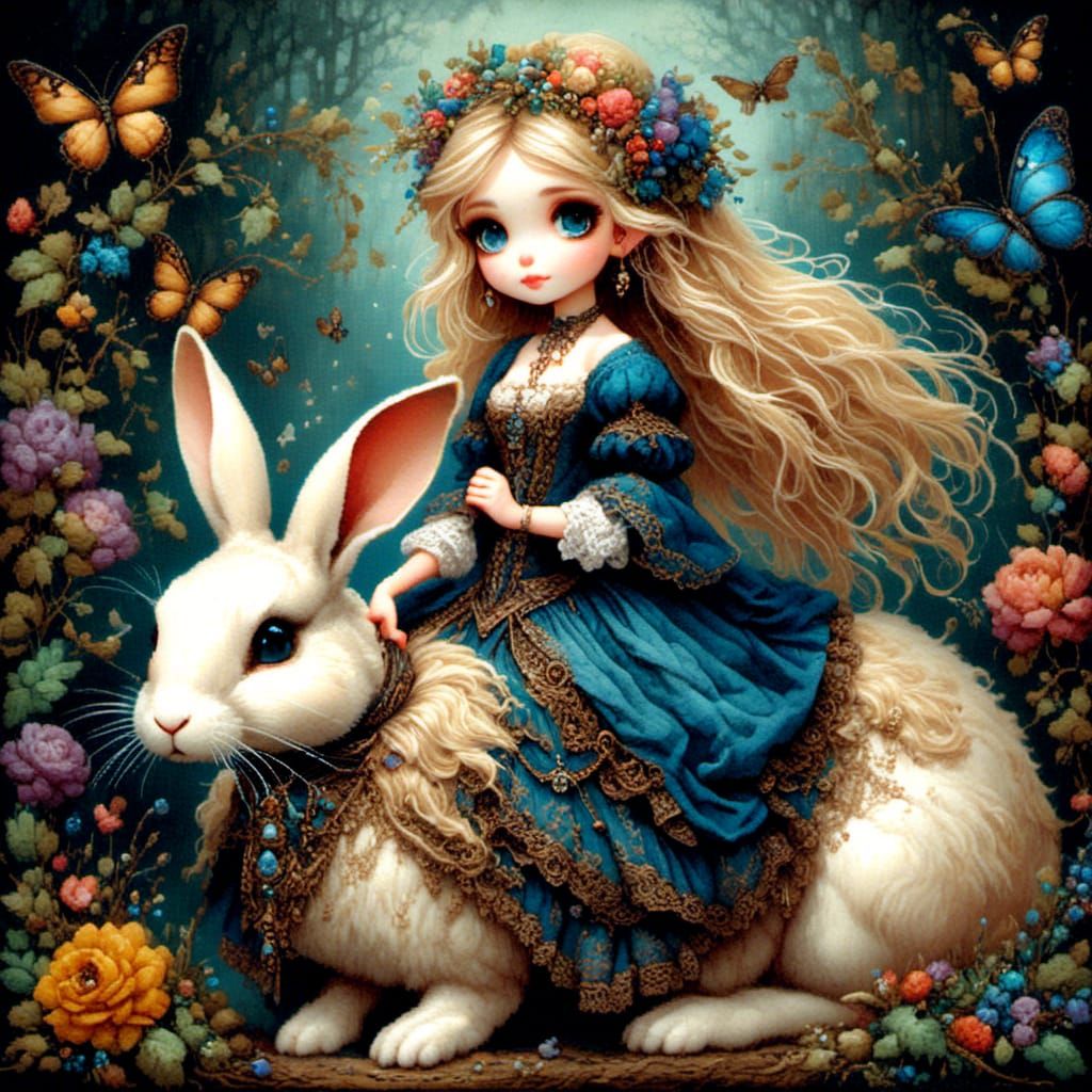 riding on a giant rabbit