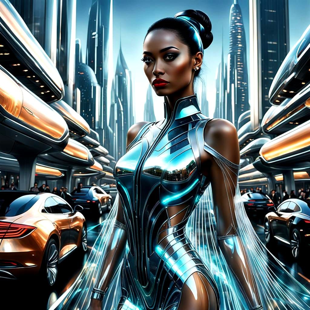 Futuristic Cityscape with Woman in Flowing Dress