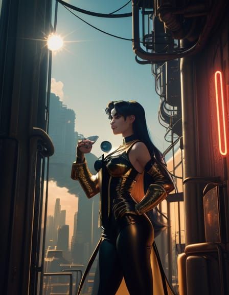 Sailor Moon in Lush Industrial Art Nouveau Landscape