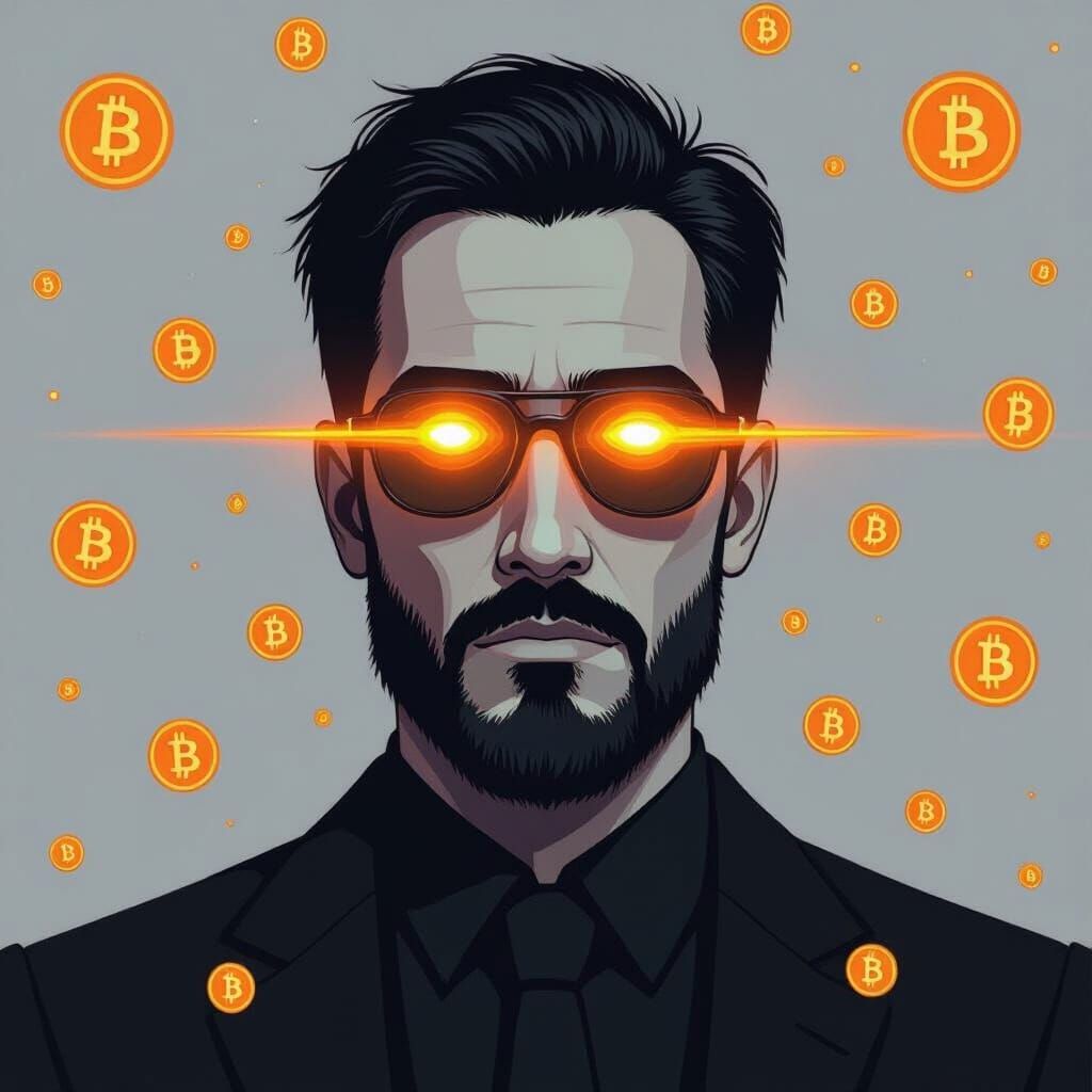 Satoshi Nakamoto With Glowing Laser Eyes and Bitcoin Symbols