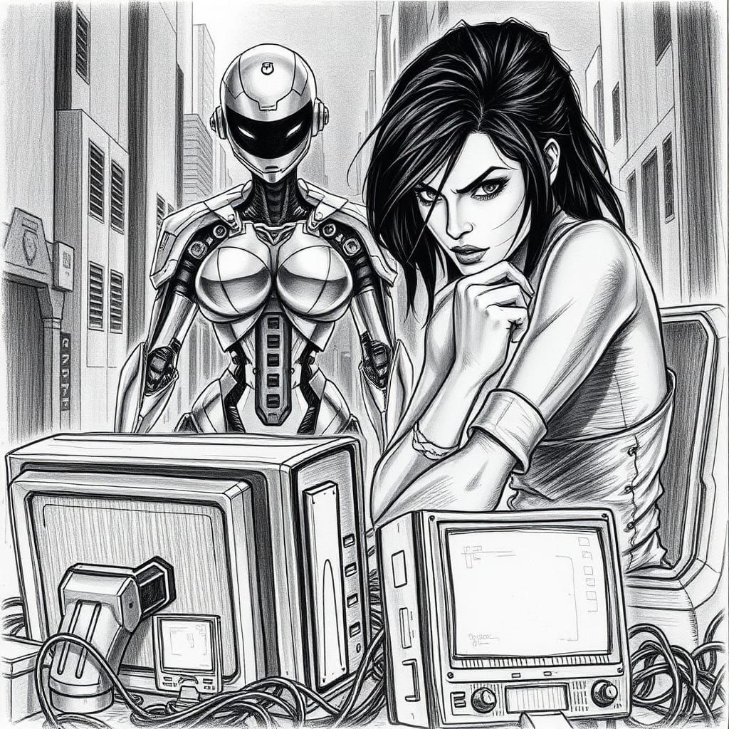 Cyberpunk Woman and Droid in Pencil Sketch Style