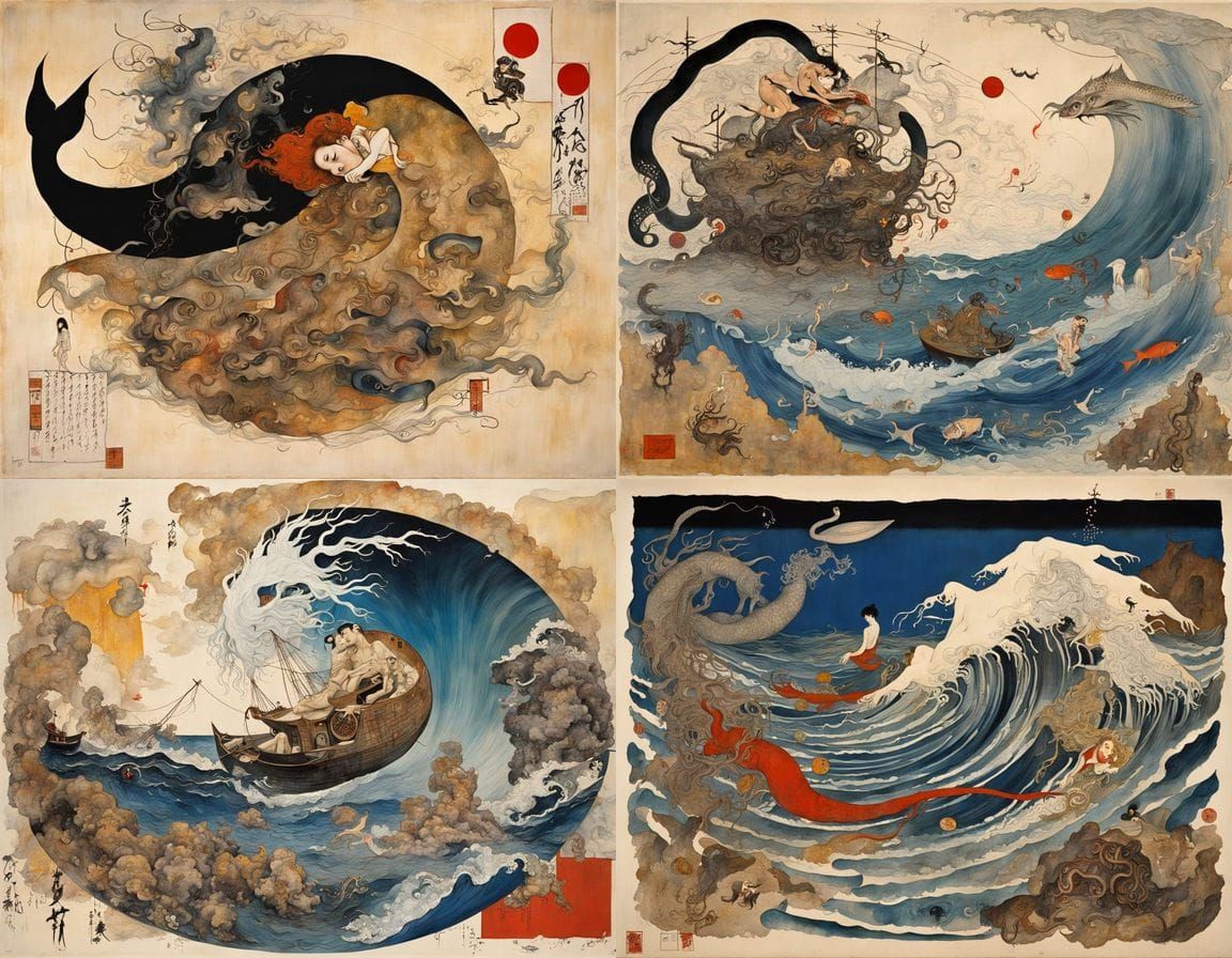 Surreal Japanese Mermaid in Turbulent Oceanic Dream