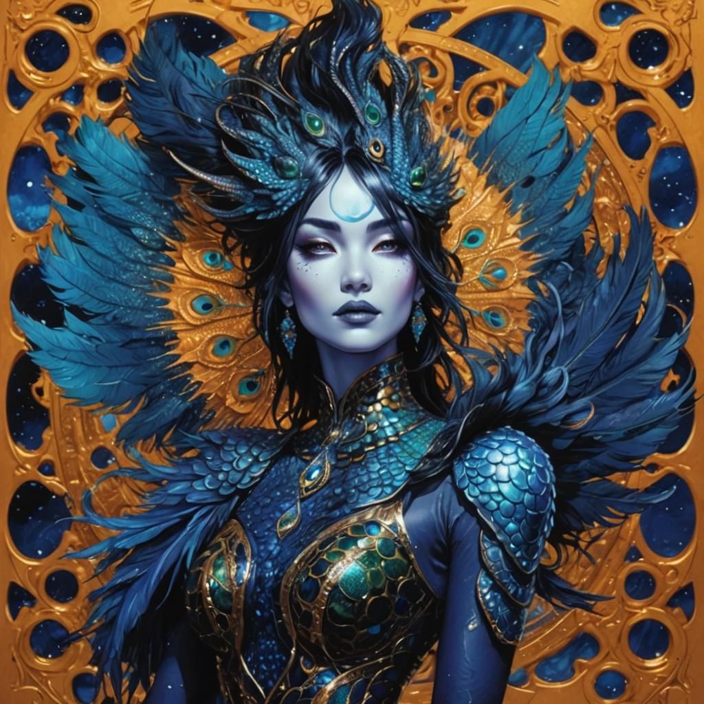 Dragon Woman with Peacock Hair, Comic Book Art