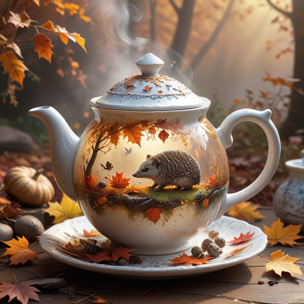 Magical Autumn Cup Set with Hedgehog Teapot