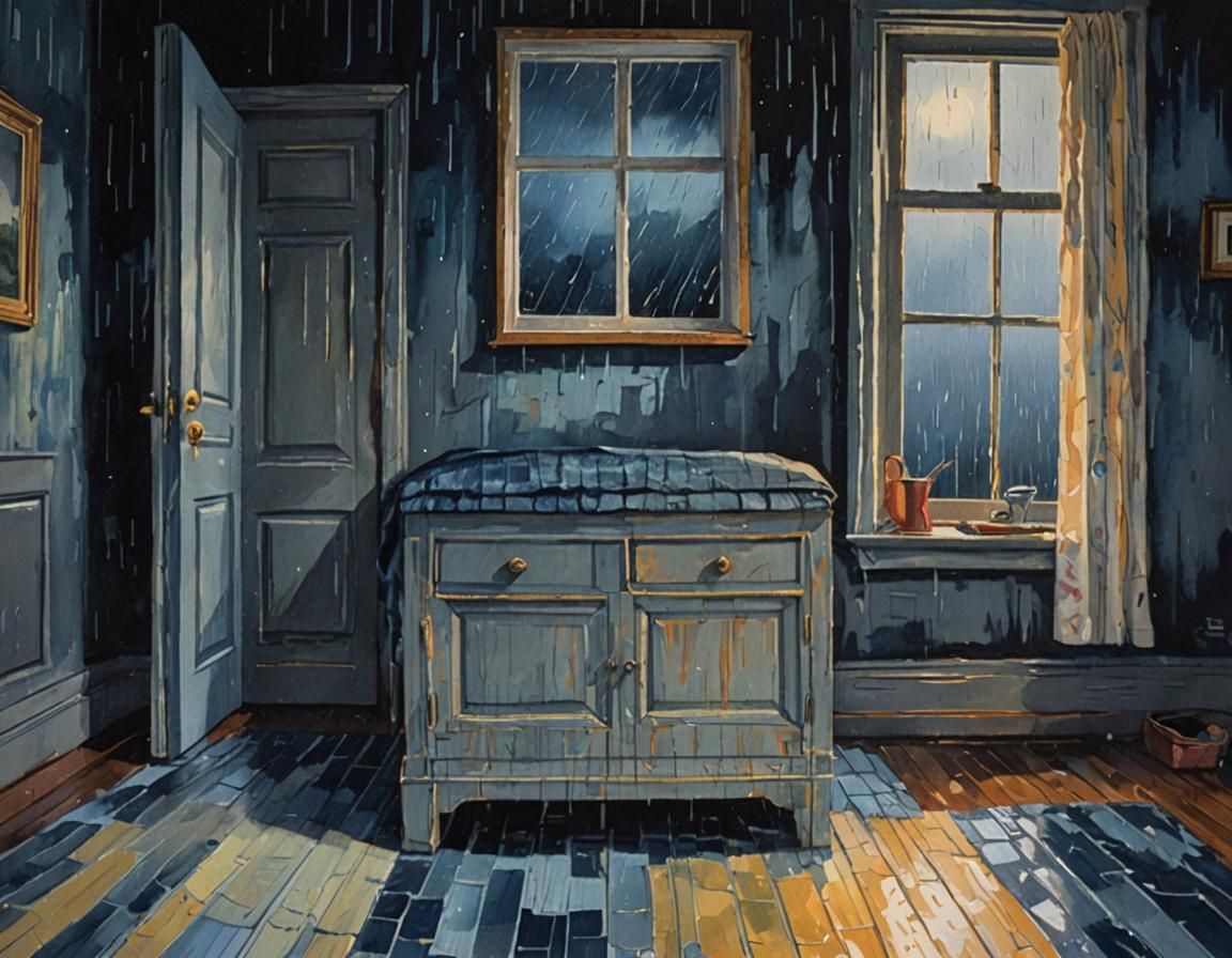 Dark Empty Bedroom in Gouache Impressionist Style