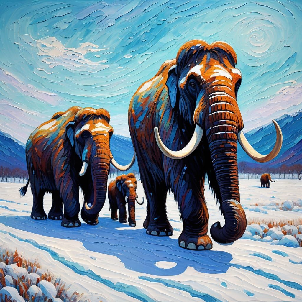 Mammoth Family Crosses Snowy Landscape in Neo-Impressionist....