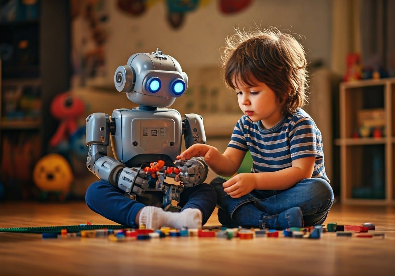 Child and Robot Building Lego Creation