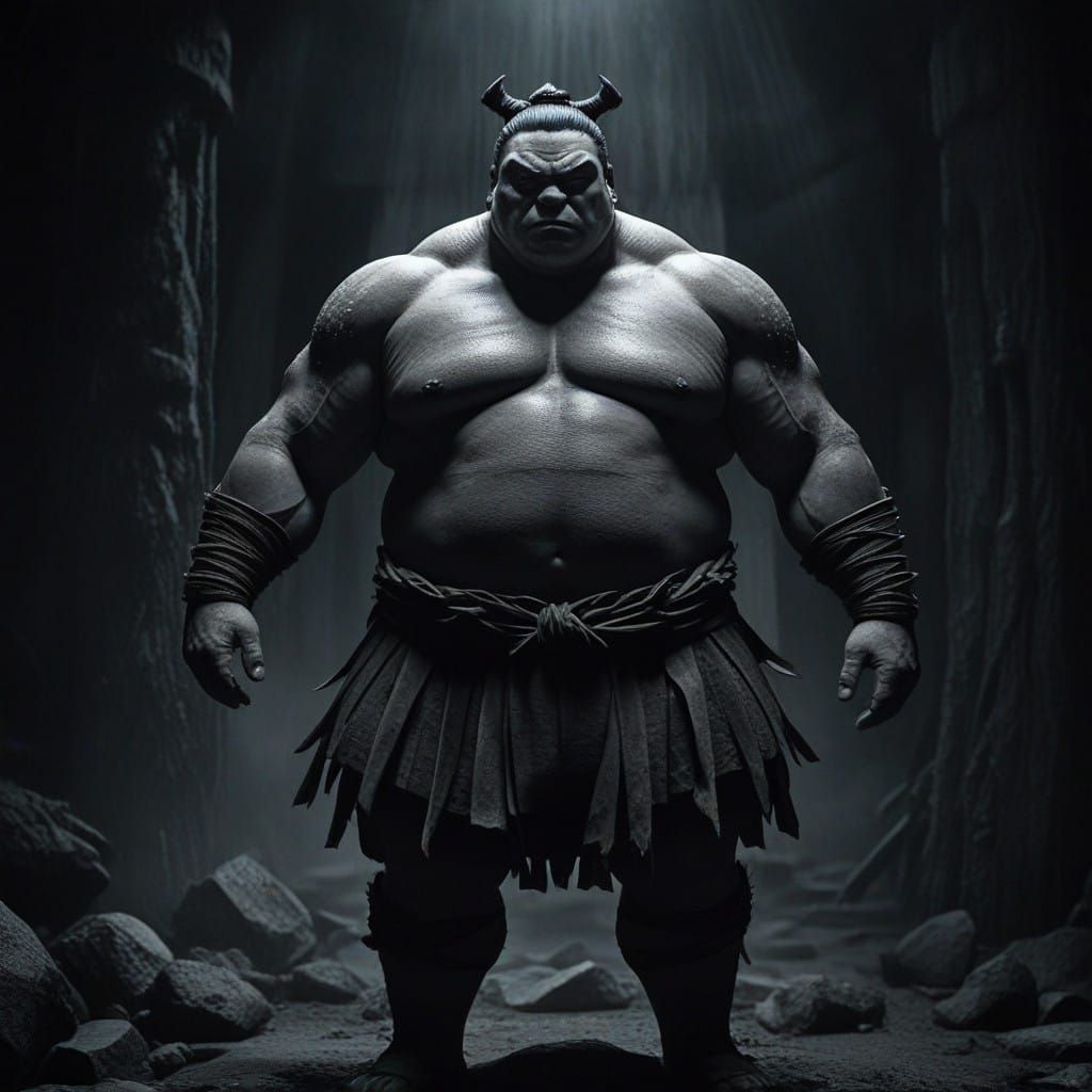 Gothic Sumo Warrior Illuminated by Flickering Torches