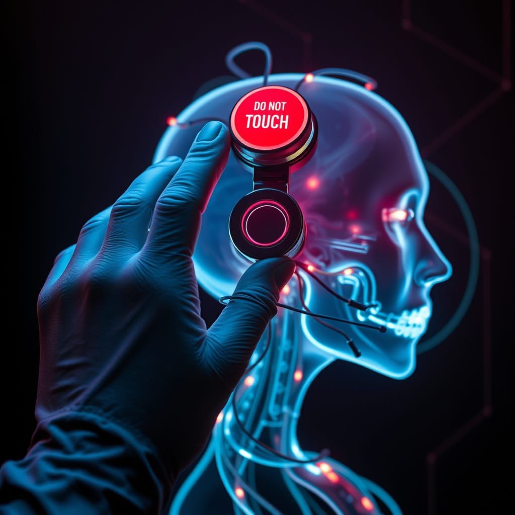 Gloved Finger Presses Forbidden Button on Glowing Bio Art Ex...