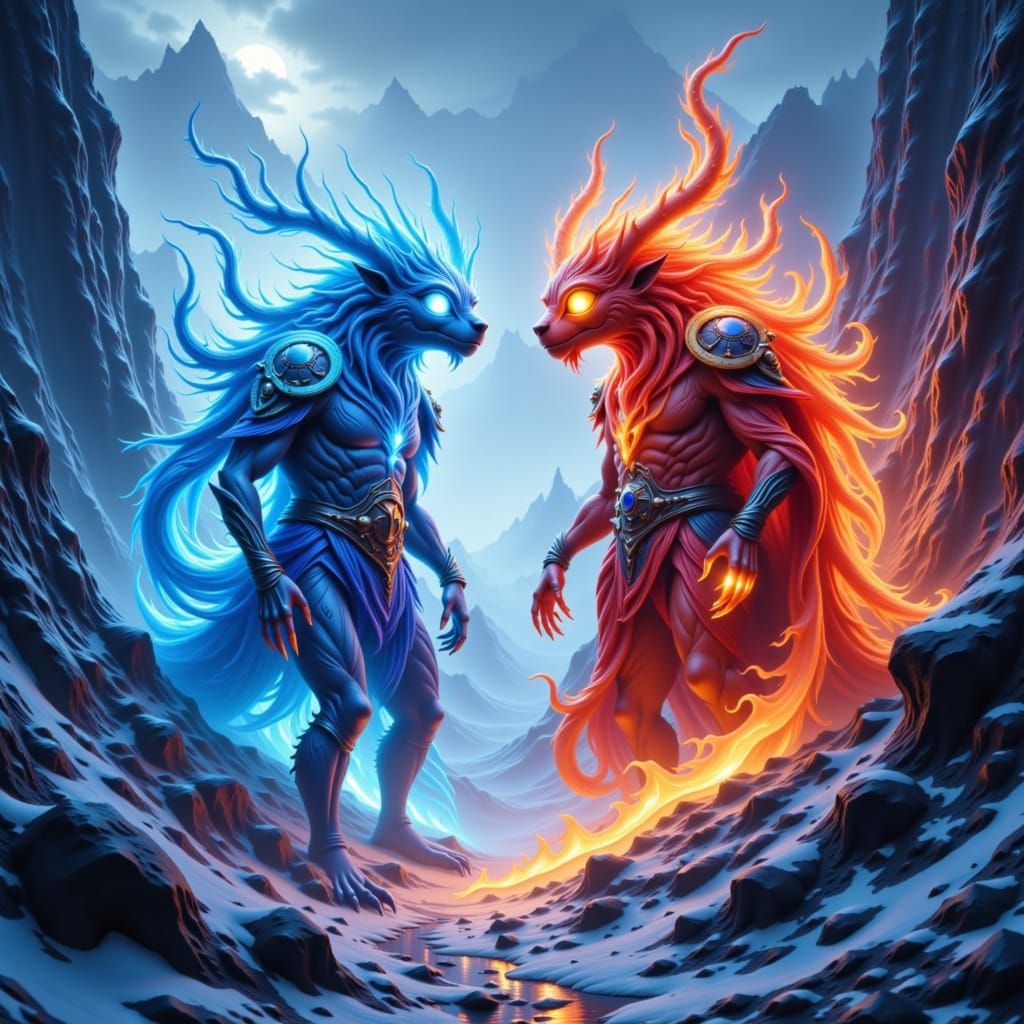 Ice and Fire Creatures Meet in Epic Fantasy Landscape
